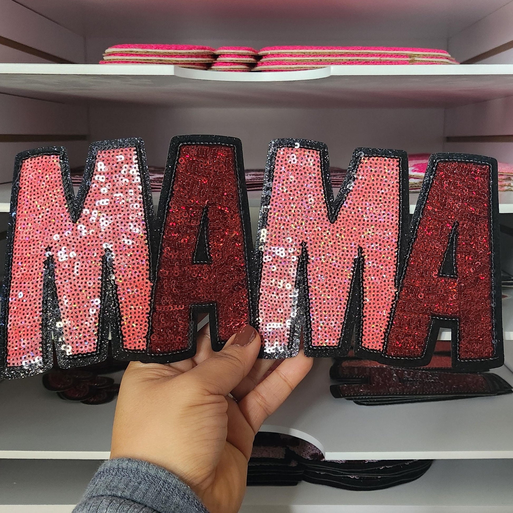Valentines Full Size Chenille|Sequin| Iron On|Embroidered|Chenille Patches| Chenille Patches| Chenille Patch Sweater| Chenille Patch Iron On

May include: A large, glittery, pink and red fabric patch that spells out the word &#39;MAMA&#39;.