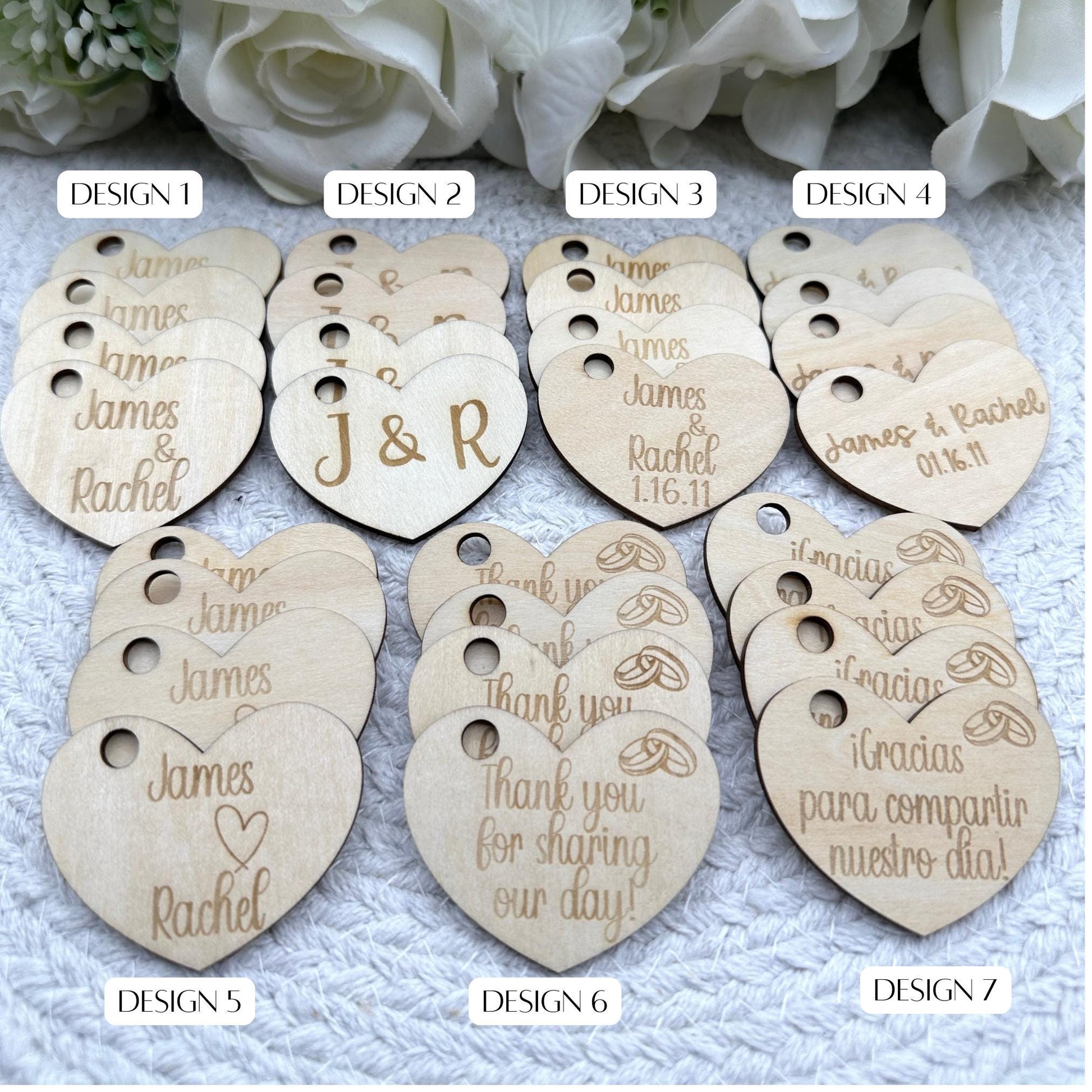 Custom Heart Wedding Favor Tags: Engraved Basswood, Set of 10