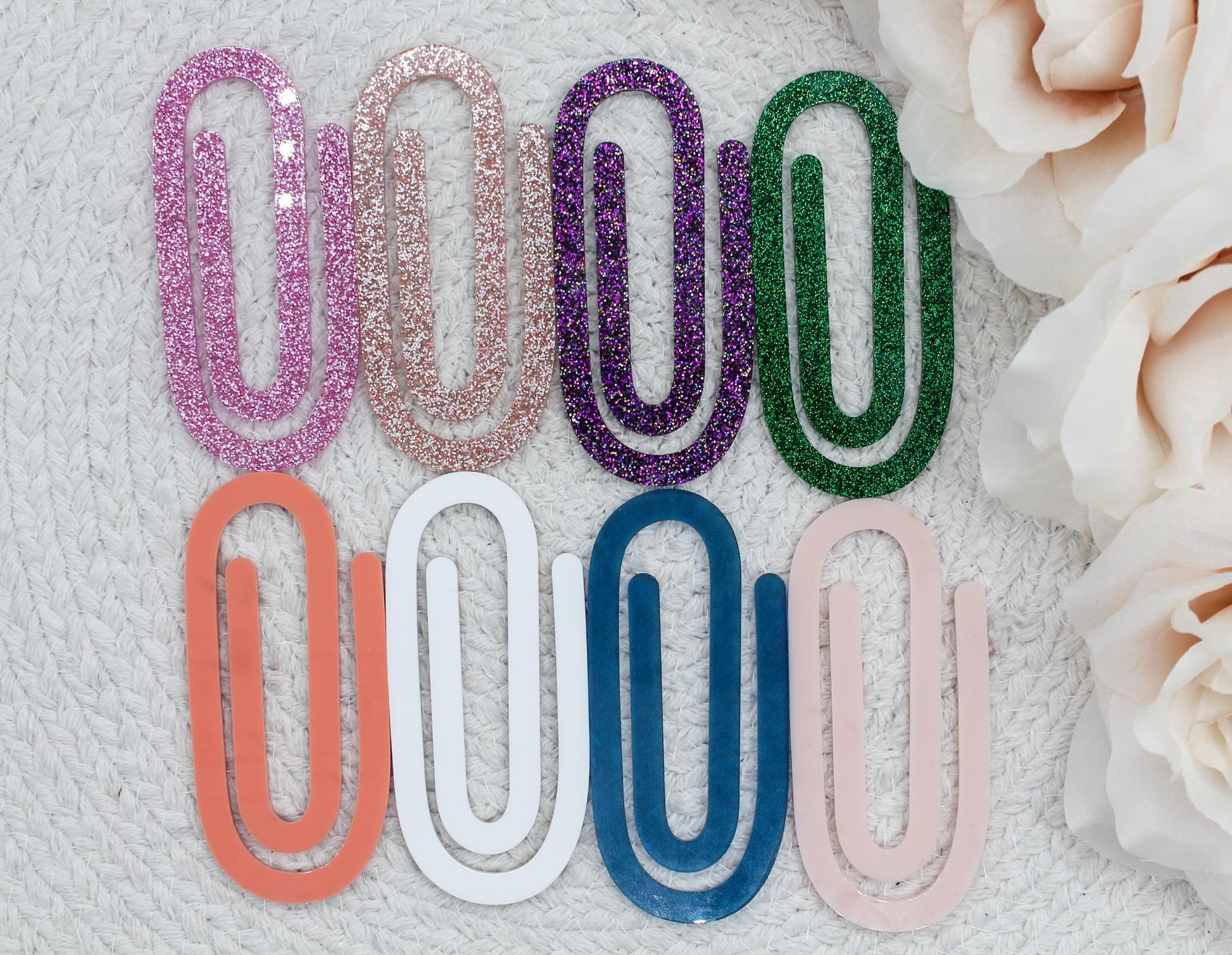 Jumbo Paperclip Bookmark| Bookmark Gift for Teacher| Gift for Book Lovers| Acrylic Bookmark| Teacher Appreciation Gift|Nurse Gift|Gift Ideas

Eight glitter paper clips in various colors including pink, coral, white, teal, green, and purple. The paper clips are arranged in two rows of four.