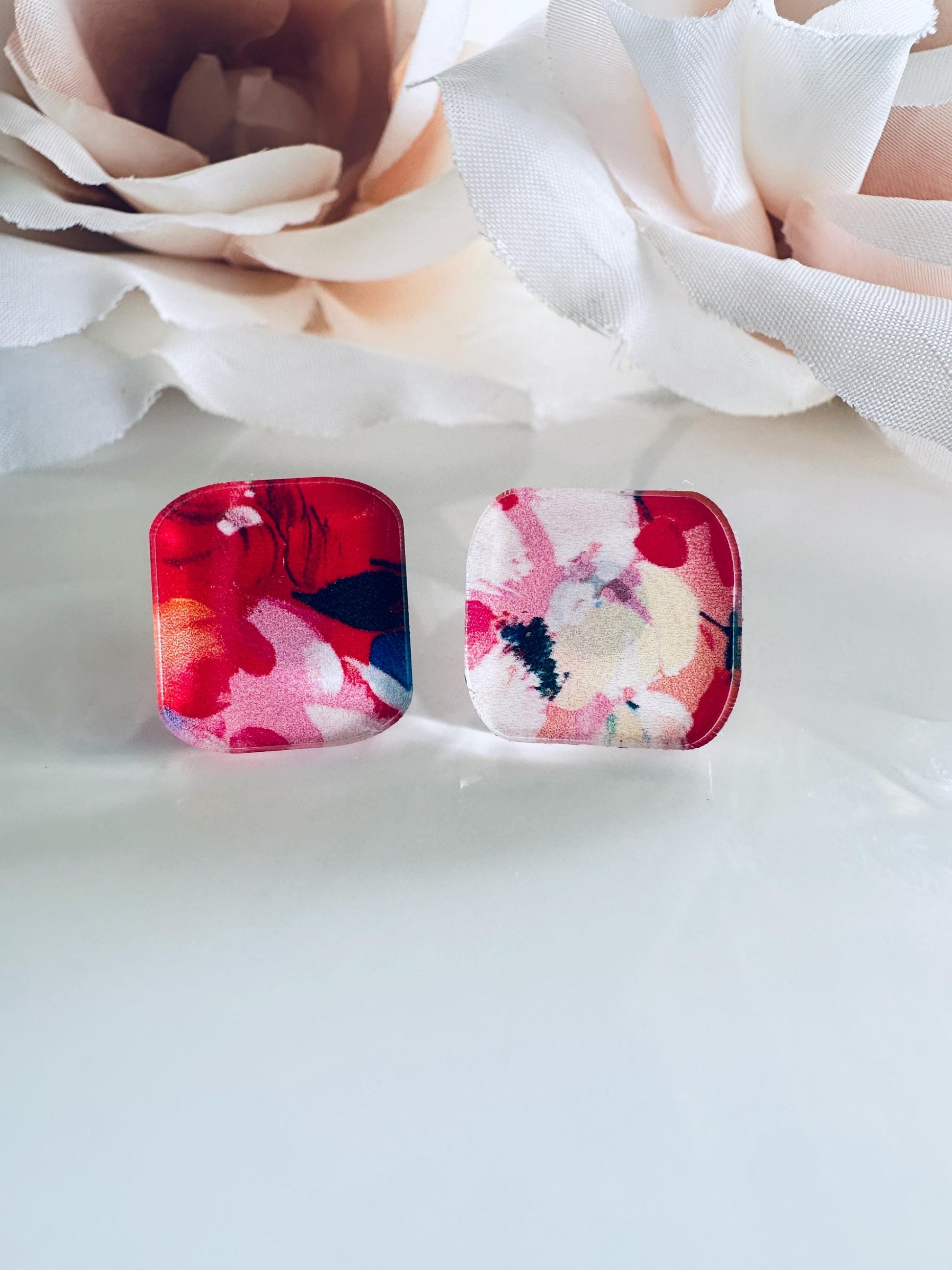 Floral Acrylic Stud Earrings: Red White Blue Patriotic Jewelry