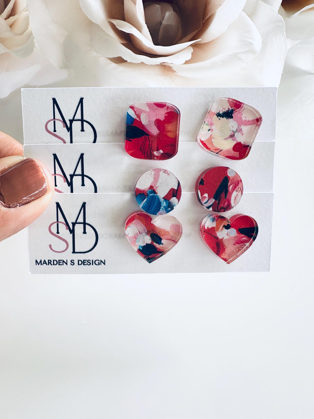 Floral Acrylic Stud Earrings: Red White Blue Patriotic Jewelry