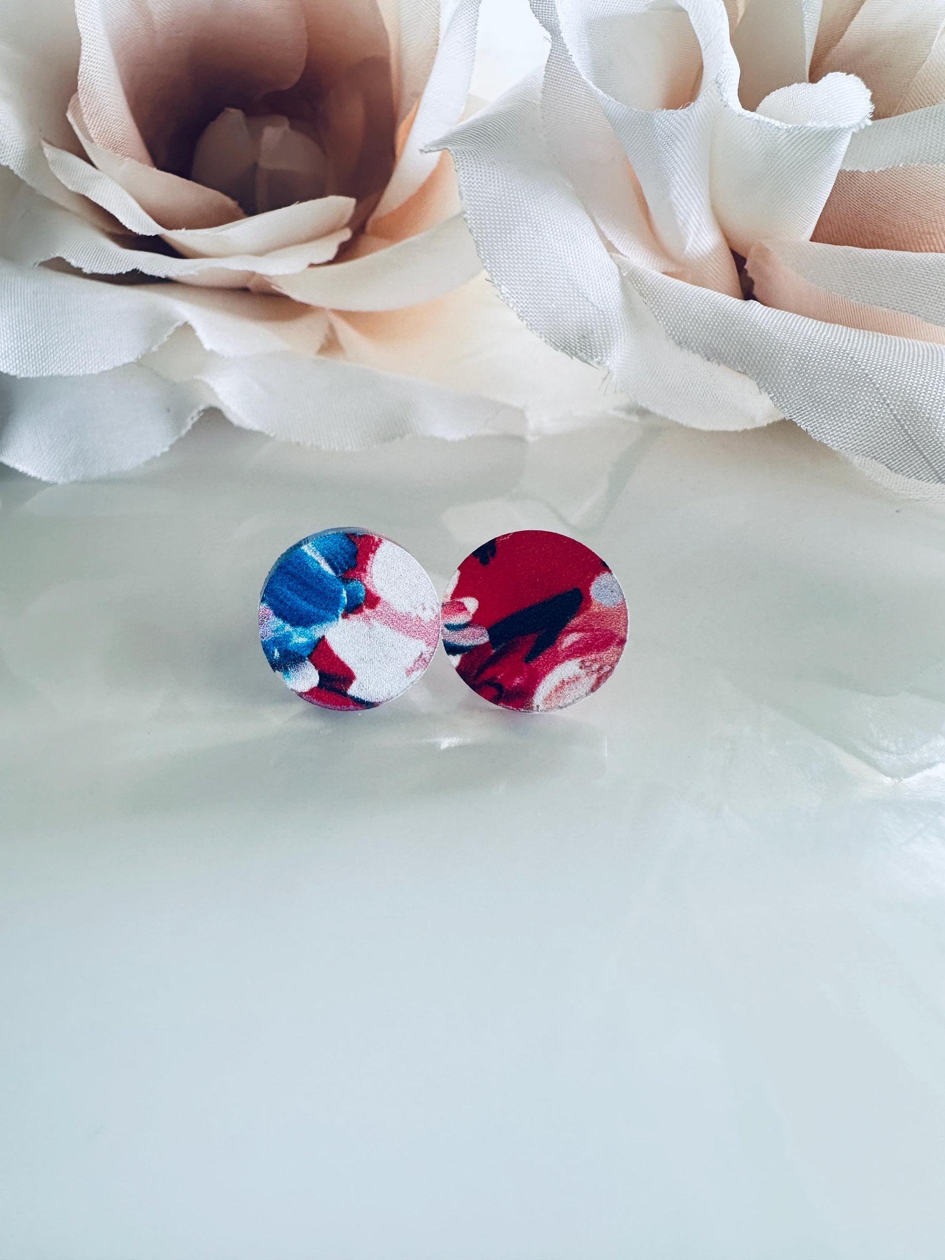 Floral Acrylic Stud Earrings: Red White Blue Patriotic Jewelry