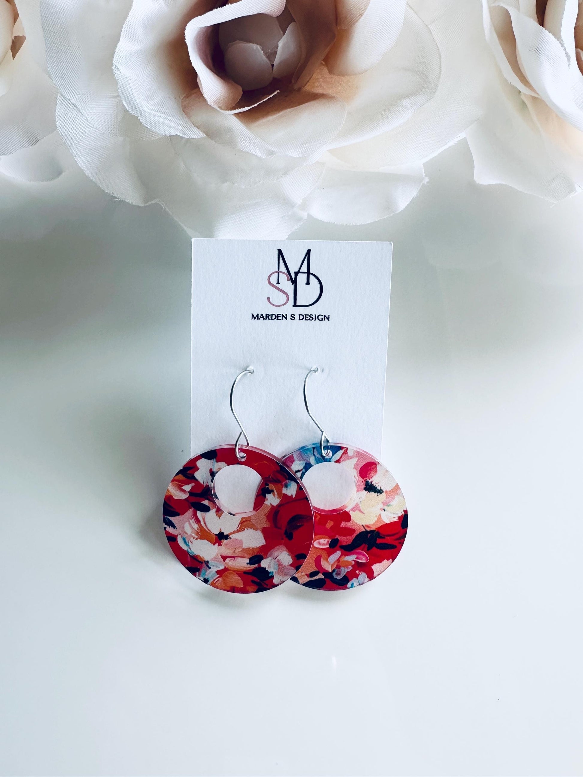 Floral Circle Acrylic Earrings: Red White Blue Patriotic Jewelry