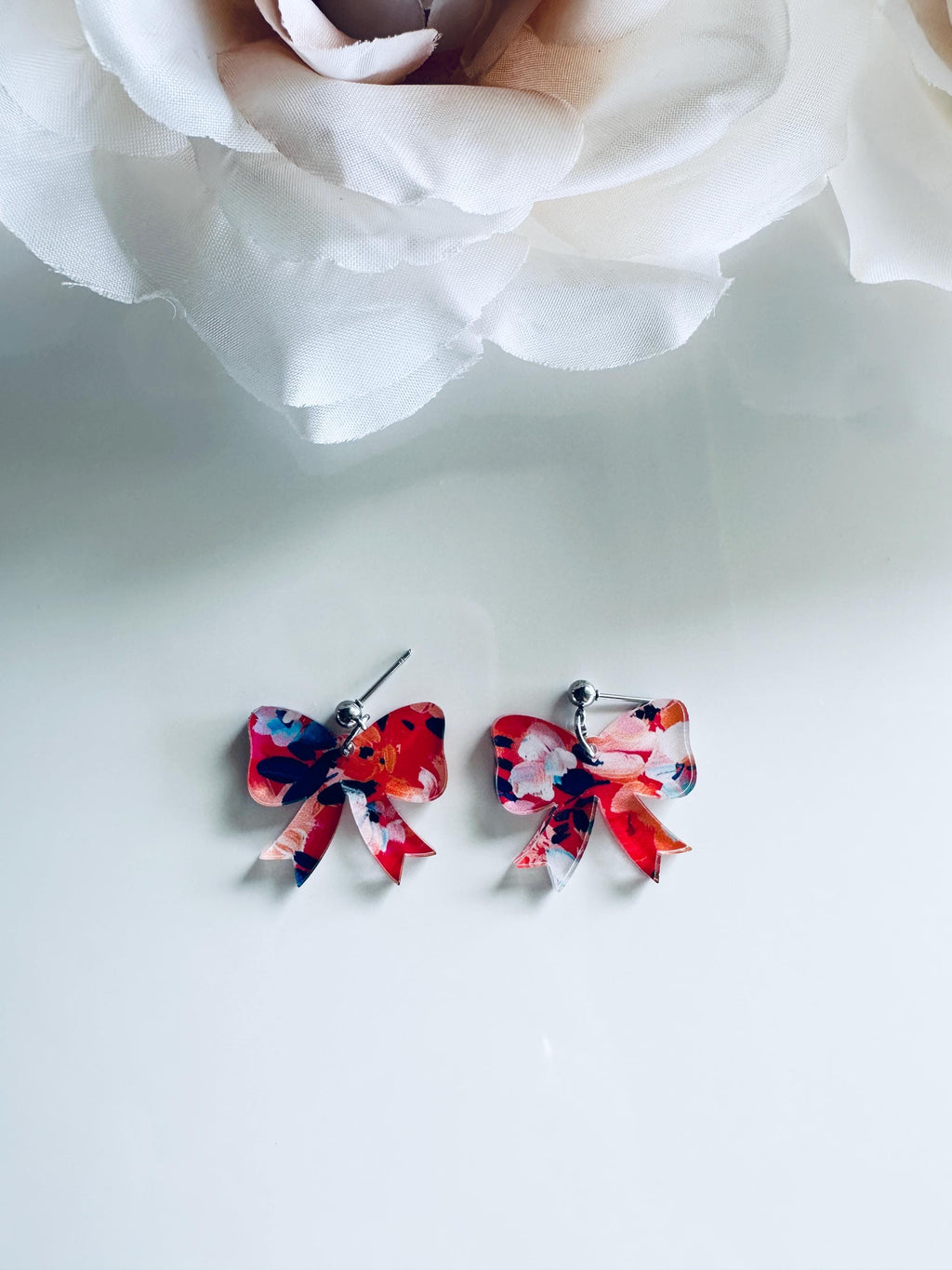 Floral Stud Acrylic Earrings| Red, White, Blue Earrings| Stud Earrings| 4th of July Earrings| Patriotic Earrings| Bow Impressionist Earrings