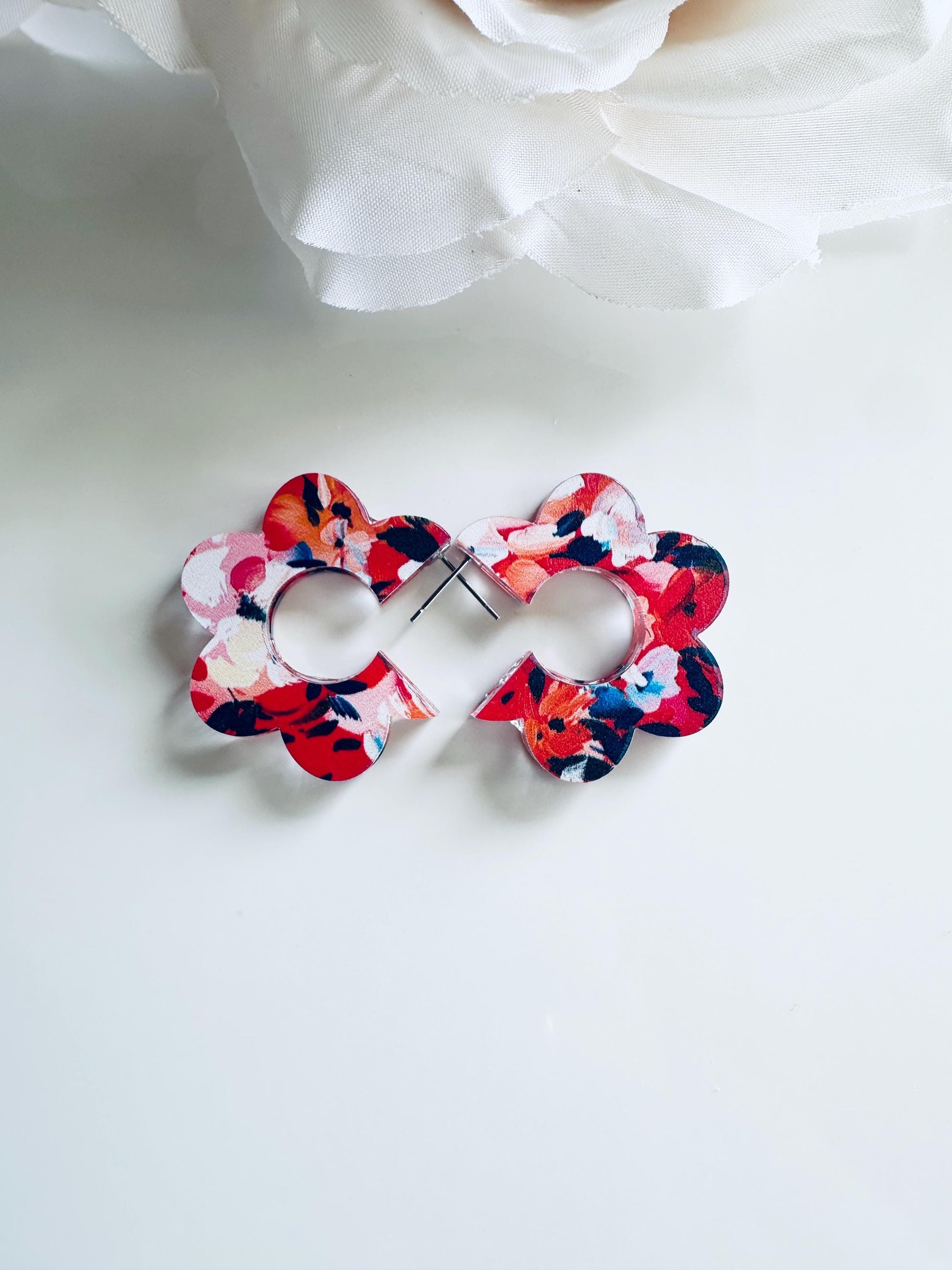 Floral Acrylic Earrings: Red White Blue 4th of July| Flowered Pressed Earrings