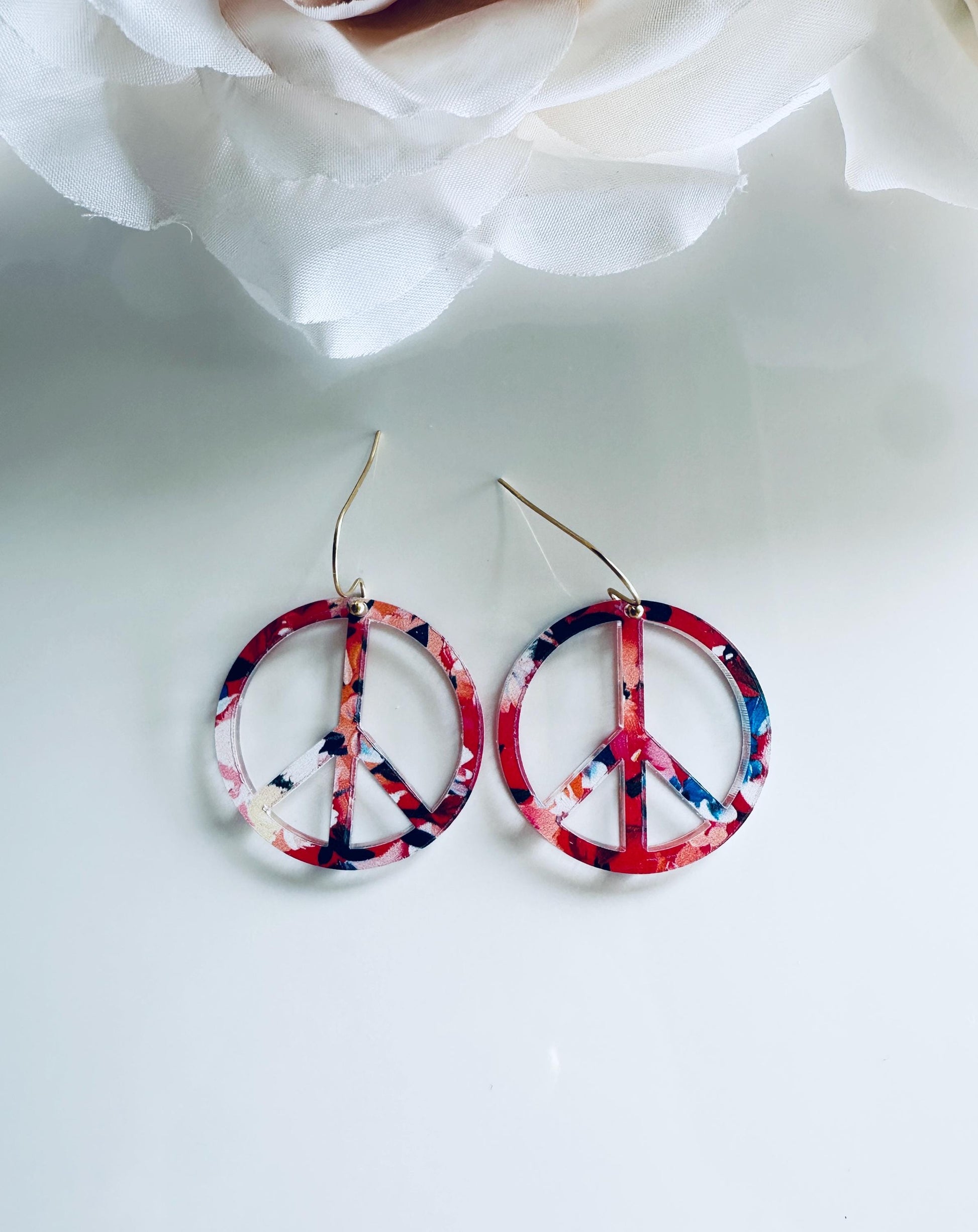 Floral Peace Acrylic Earrings| Red White Blue Earrings| 4th of July Earrings| Patriotic Long Earrings| Circle Impressionist| Fireworks