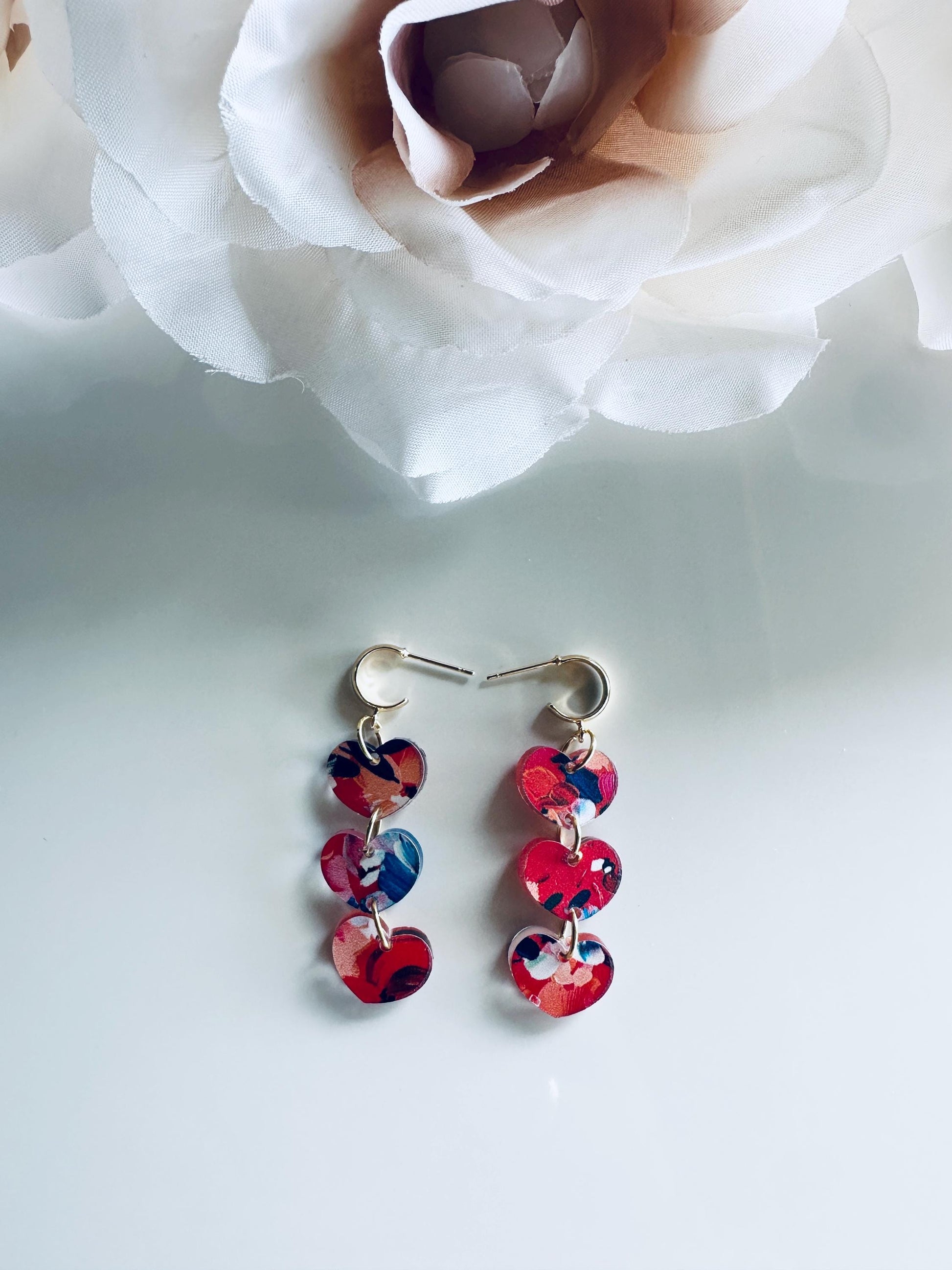 Floral Triple Heart Acrylic Earrings| Red White Blue Earrings| 4th of July Earrings| Patriotic Long Earrings| Circle Impressionist|Fireworks