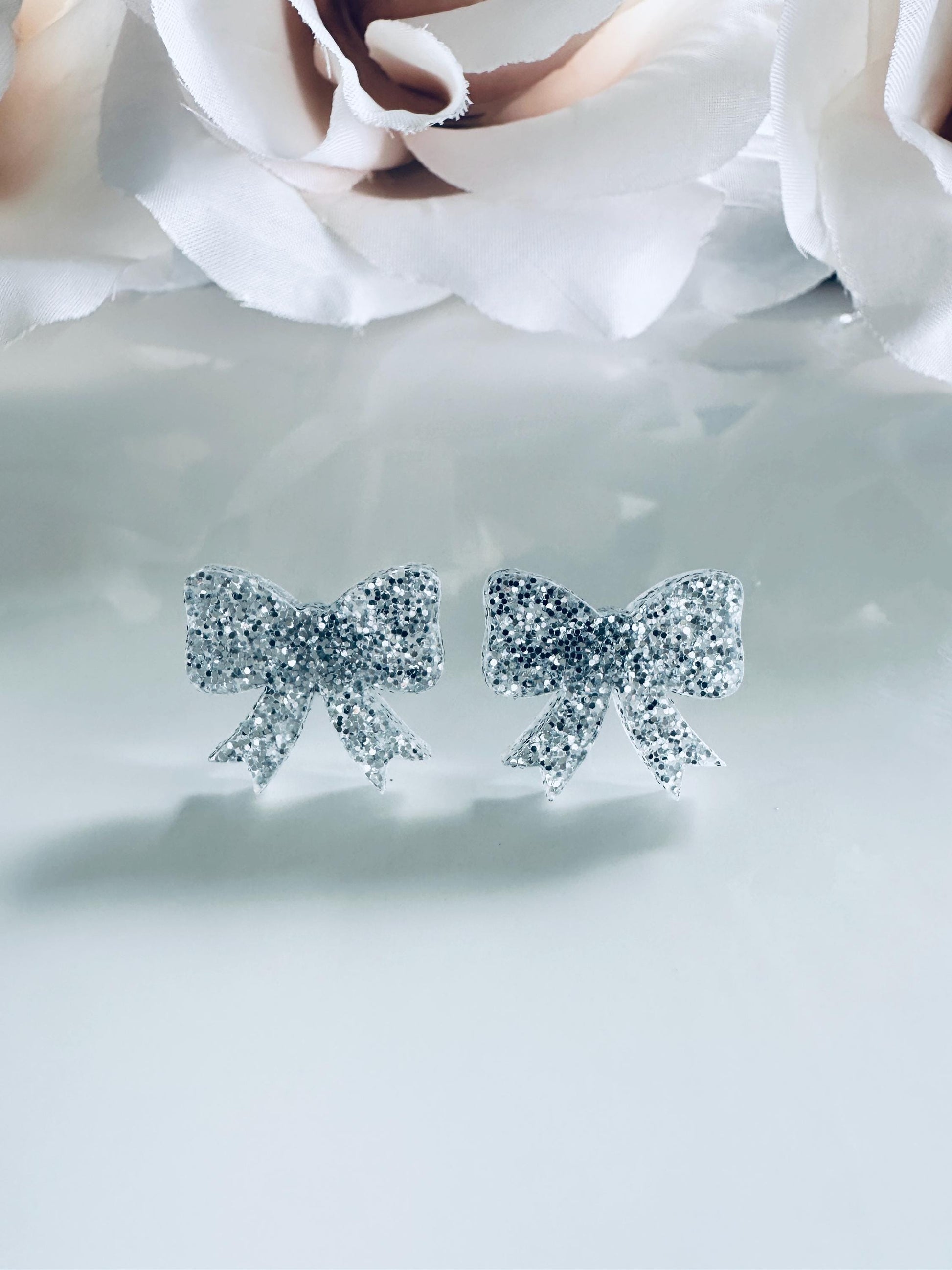 Glitter Bow Stud Earrings| Sparkly Acrylic Bows for Girls| Kids, Adults| Cute Glittery Earrings in Silver, Pink,Gold & Rose|Acrylic Earrings
