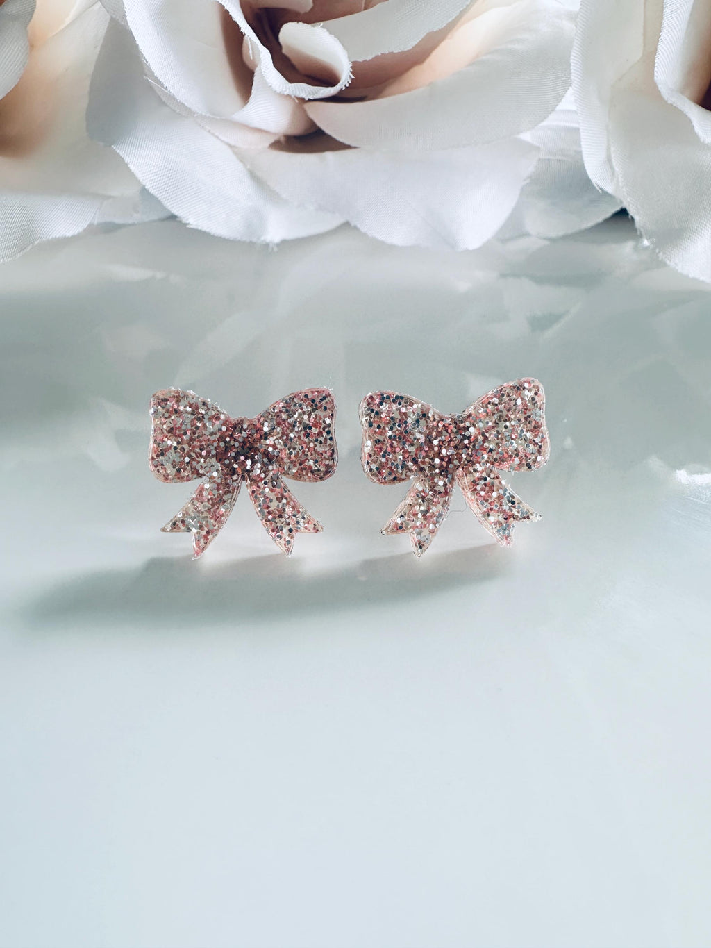 Glitter Bow Stud Earrings| Sparkly Acrylic Bows for Girls| Kids, Adults| Cute Glittery Earrings in Silver, Pink,Gold & Rose|Acrylic Earrings