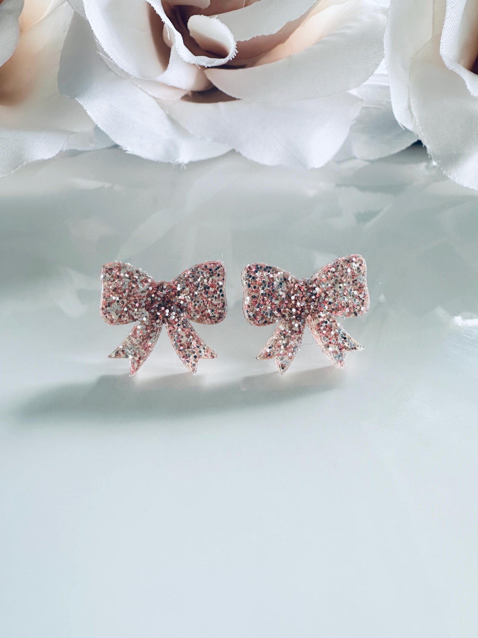Glitter Bow Stud Earrings| Sparkly Acrylic Bows for Girls| Kids, Adults| Cute Glittery Earrings in Silver, Pink,Gold & Rose|Acrylic Earrings