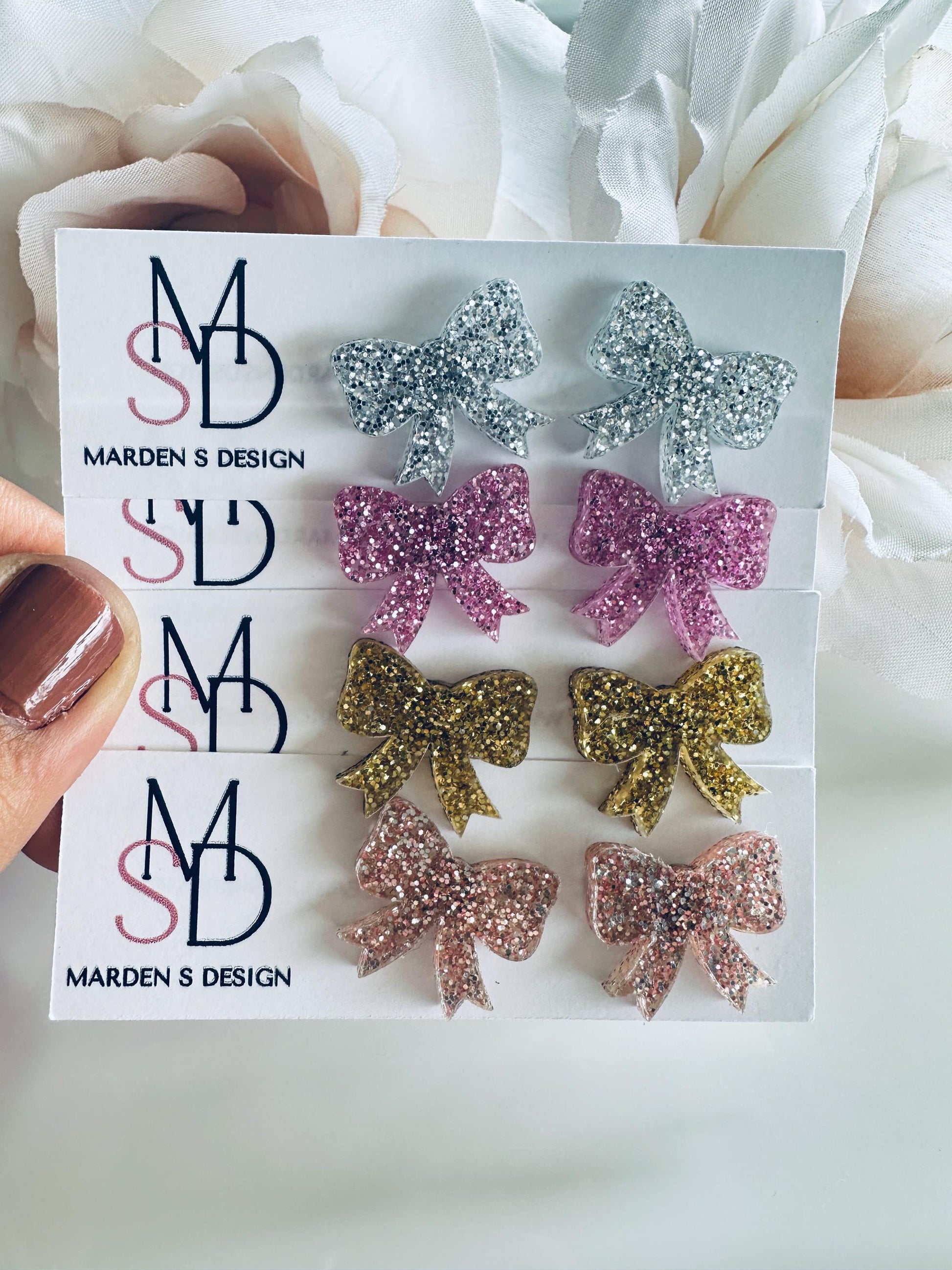 Glitter Bow Stud Earrings| Sparkly Acrylic Bows for Girls| Kids, Adults| Cute Glittery Earrings in Silver, Pink,Gold & Rose|Acrylic Earrings