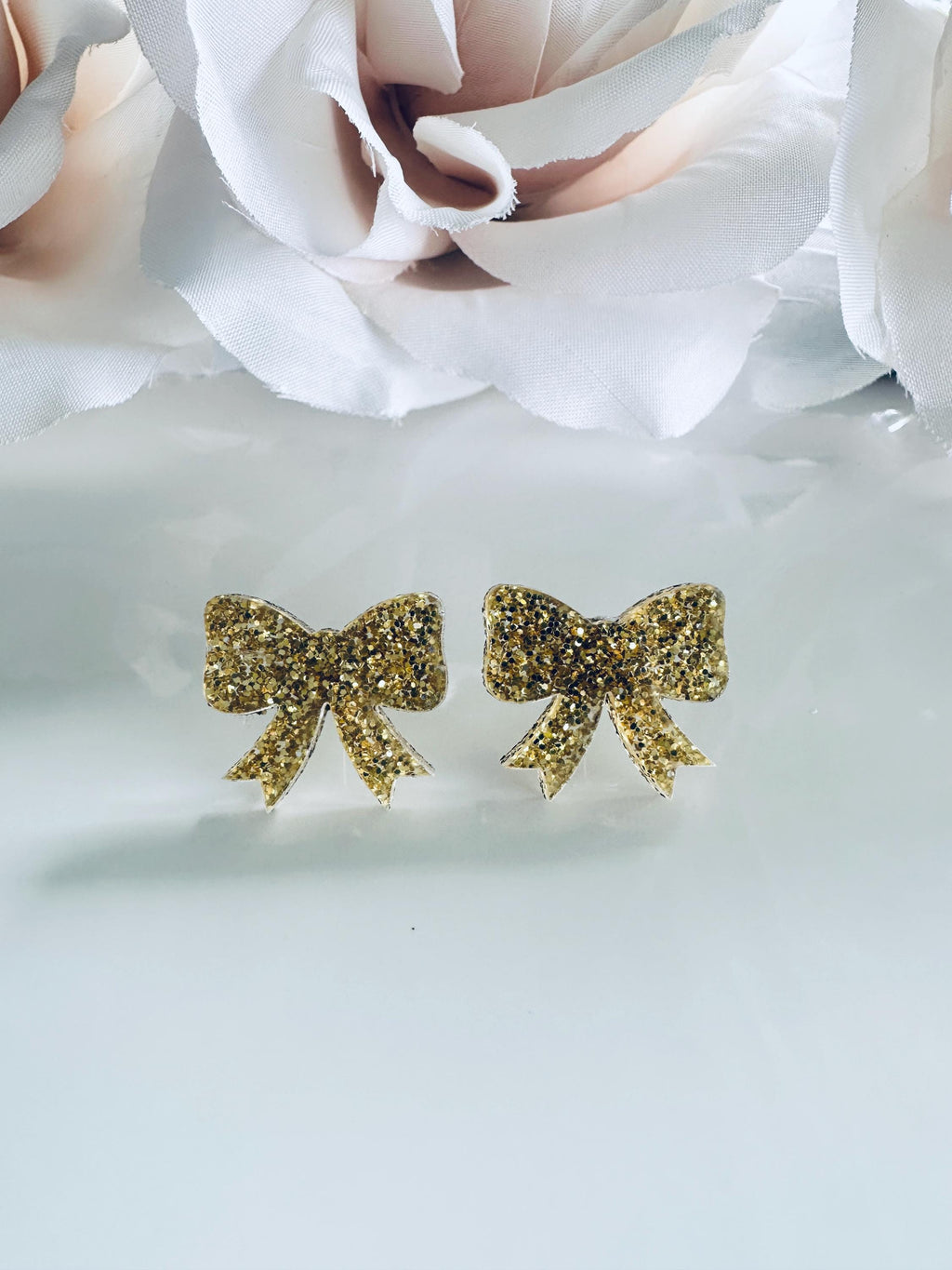 Glitter Bow Stud Earrings| Sparkly Acrylic Bows for Girls| Kids, Adults| Cute Glittery Earrings in Silver, Pink,Gold & Rose|Acrylic Earrings