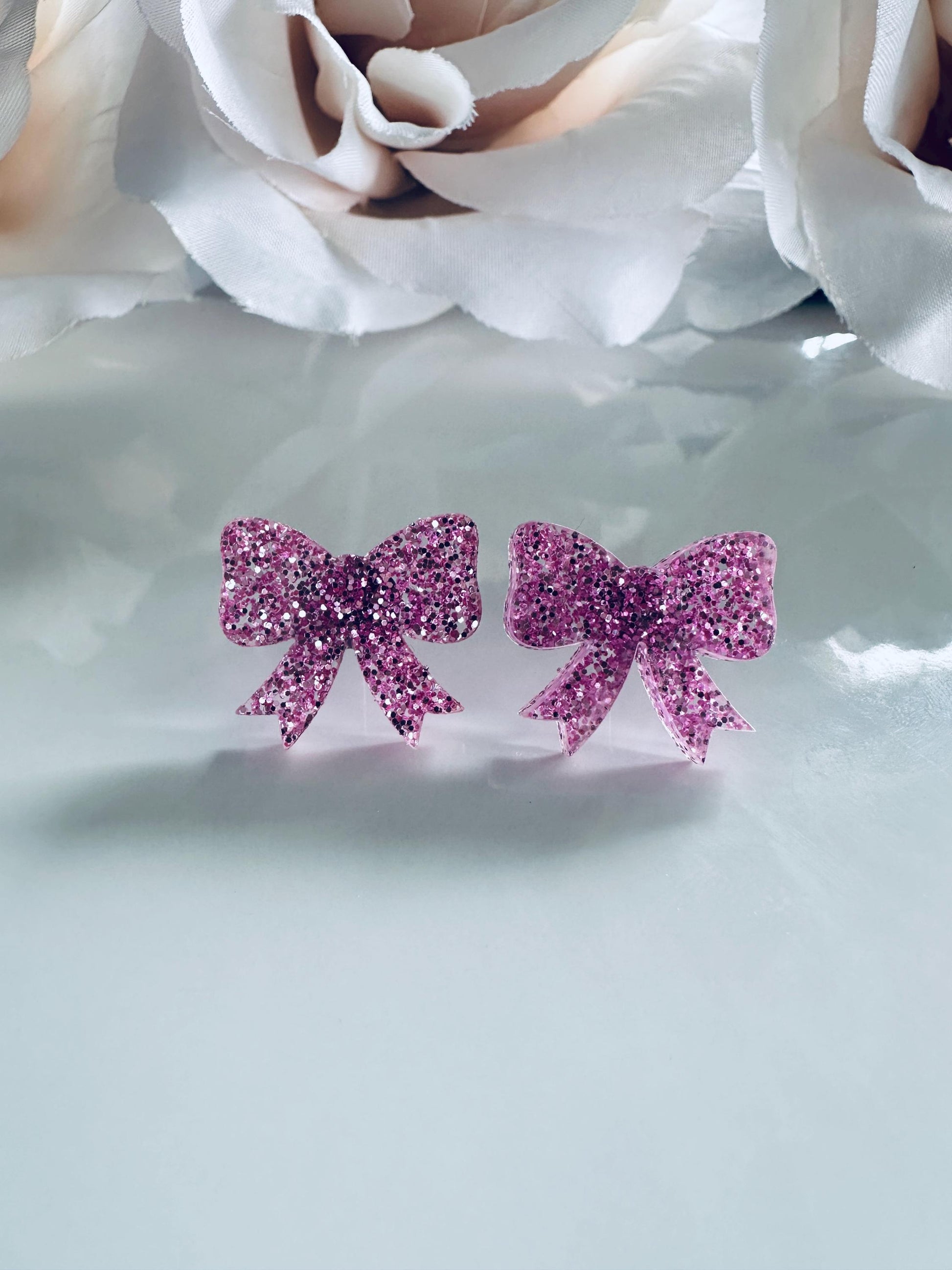 Glitter Bow Stud Earrings| Sparkly Acrylic Bows for Girls| Kids, Adults| Cute Glittery Earrings in Silver, Pink,Gold & Rose|Acrylic Earrings