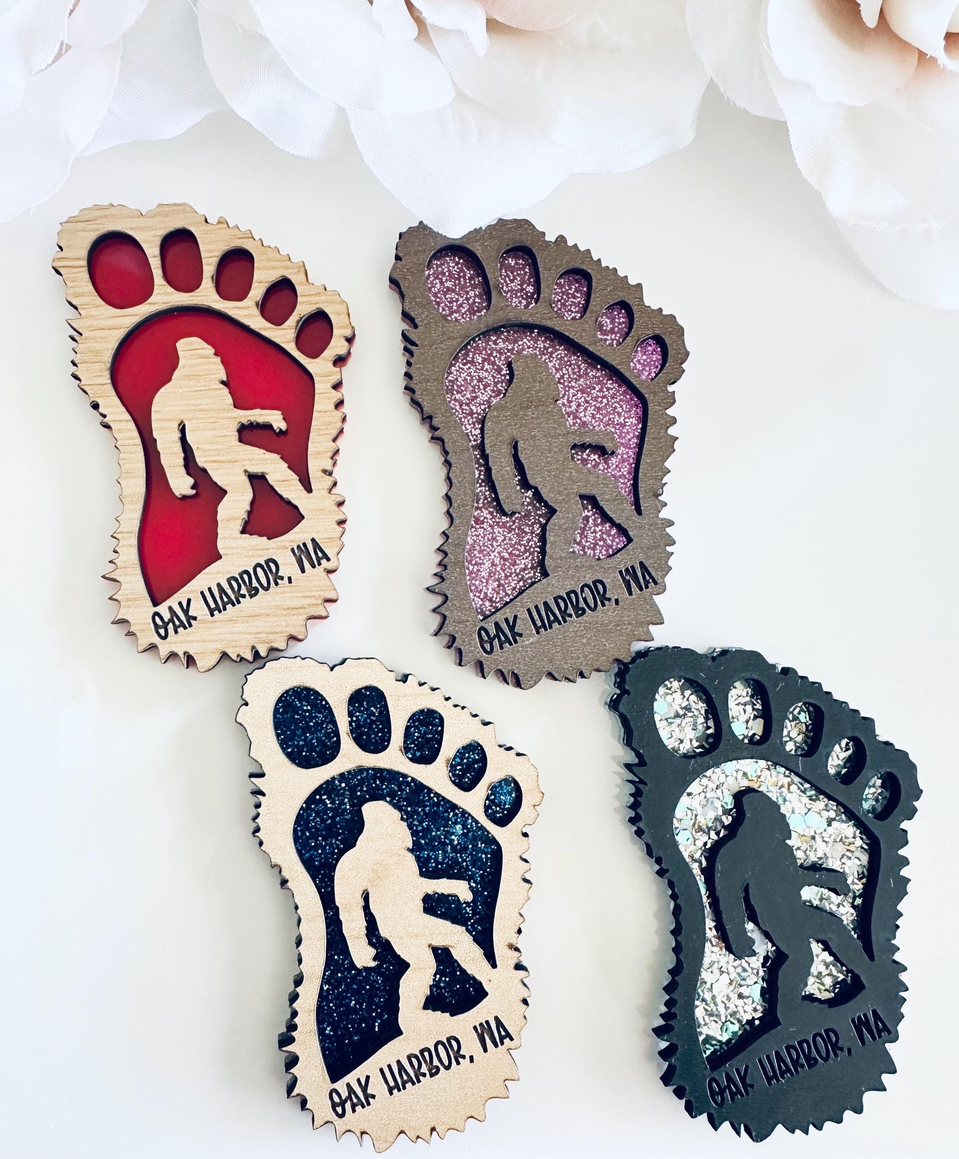 Bigfoot Fridge Magnet | Wood & Acrylic Sasquatch Footprint Magnet | Oak Harbor WA Souvenir | Pacific Northwest Gift