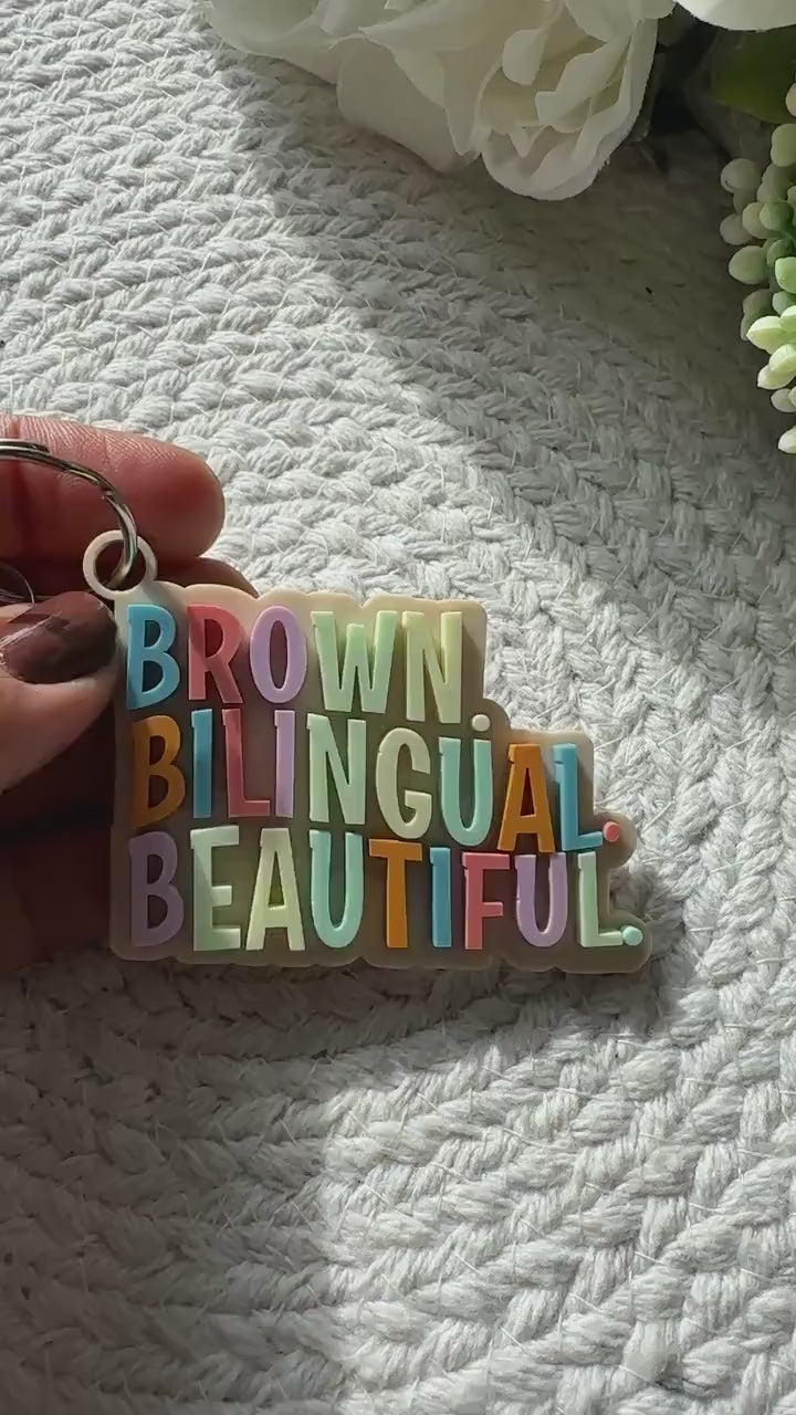Bilingual Acrylic Keychain: Brown Boho Backpack Tag, Latinx Gift